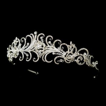 Silver Clear Rhinestone & Crystal Beads Swirl Tiara Headpiece