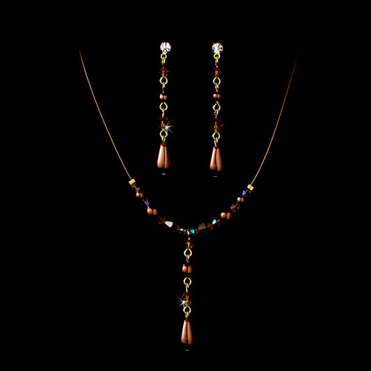 Delightful Gold Brown Pearl & Crystal Bead Necklace & Earring Set