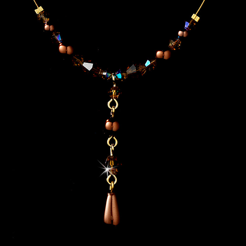 Delightful Gold Brown Pearl & Crystal Bead Necklace & Earring Set