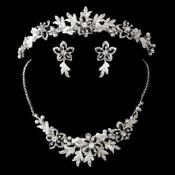 Silver Black Accent Floral Tiara Headpiece & Jewelry Set with White Pearl and Rhinestone