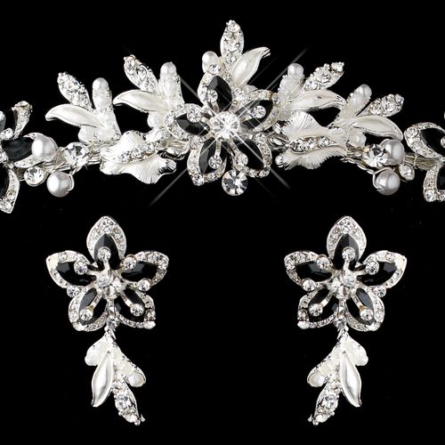 Silver Black Accent Floral Tiara Headpiece & Jewelry Set with White Pearl and Rhinestone