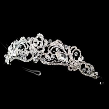 Silver Clear Swarovski Crystal Bead & Rhinestone Floral Swirl Tiara Headpiece