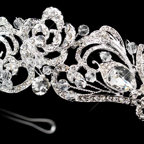 Silver Clear Swarovski Crystal Bead & Rhinestone Floral Swirl Tiara Headpiece