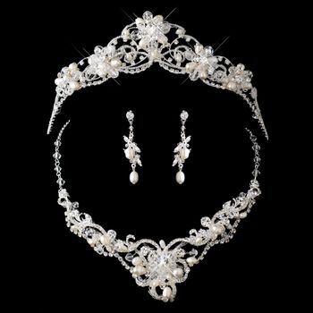 Silver Freshwater Pearl, Swarovski Crystal Bead and Rhinestone Tiara Headpiece Jewelry Set