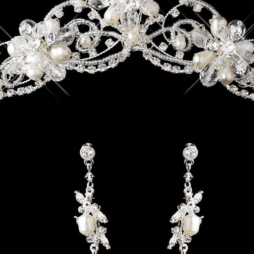 Silver Freshwater Pearl, Swarovski Crystal Bead and Rhinestone Tiara Headpiece Jewelry Set