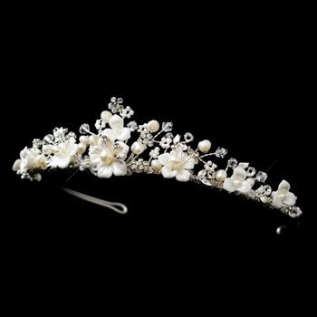 Silver Freshwater Pearl, Swarovski Crystal Bead & Rhinestone Tiara Headpiece